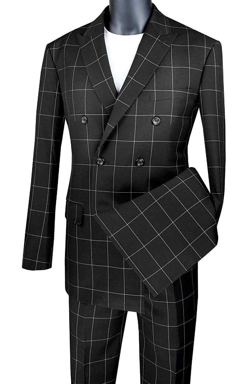 Napoli Collection- Black Modern fit Double Breasted Windowpane Peak Lapel 2 Piece Suit