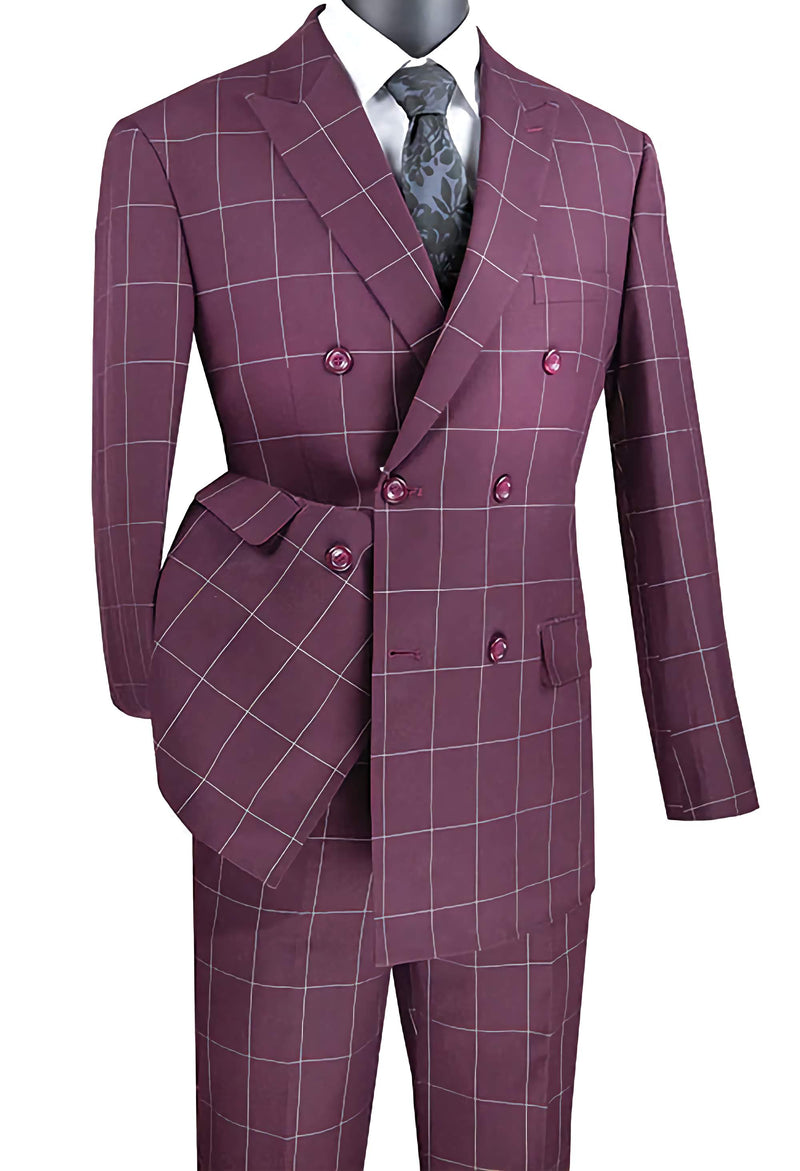 Napoli Collection - Burgundy Modern Fit Double Breasted Windowpane Peak Lapel 2 Piece Suit