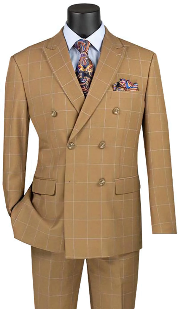 Napoli Collection - Camel Modern Fit Double Breasted Windowpane Peak Lapel 2 Piece Suit