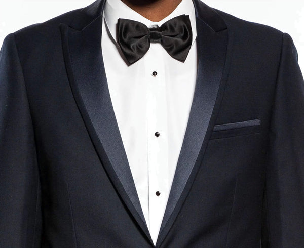 Navy Slim Fit 2 Piece Tuxedo With Satin Peak Lapel - Suits99