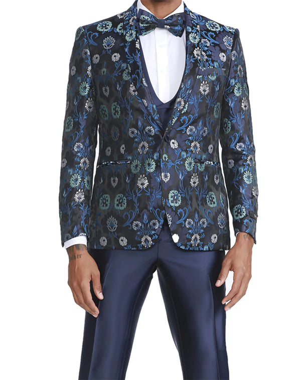 Navy Slim Fit Tuxedo 4 Piece Floral Pattern with Bow Tie - Suits99