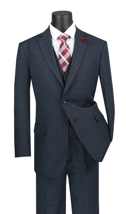 Olympic Collection - Glen Plaid Regular Fit Suit 3 Piece Navy Blue