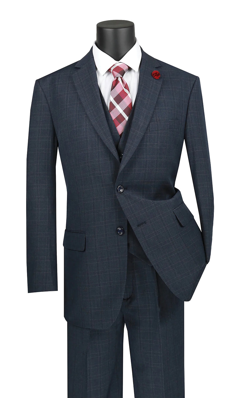 Olympic Collection - Glen Plaid Regular Fit Suit 3 Piece Navy Blue