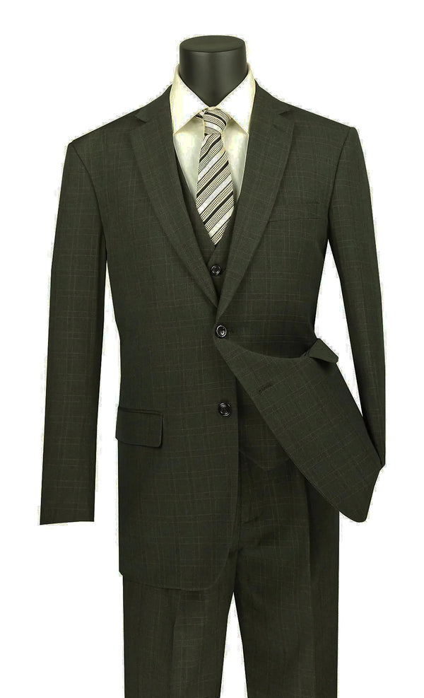 Olympic Collection Glen Plaid Regular Fit Suit 3 Piece Olive