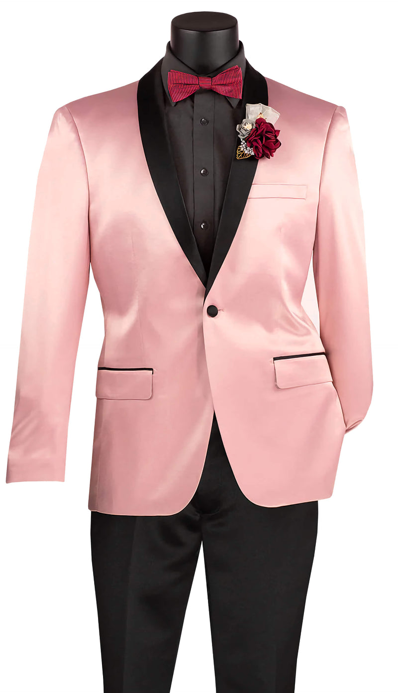 Pink Slim Fit Blazer Stretch Sateen 1 Button With Narrow Shawl Lapel