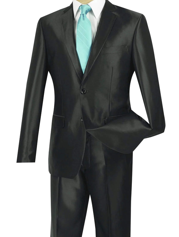 President Collection - Black Shiny Sharkskin 2 Piece 2 Button Slim Fit Suit