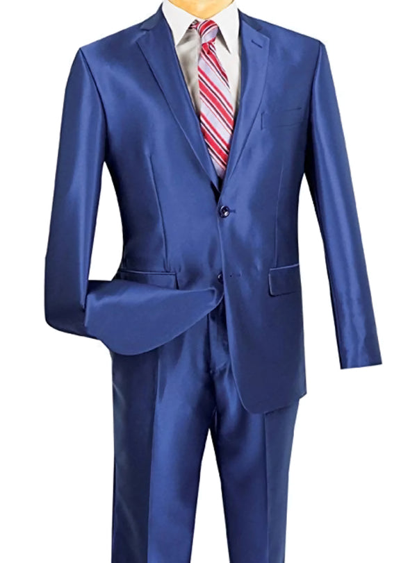 President Collection - Blue Shiny Sharkskin 2 Piece 2 Button Slim Fit Suit