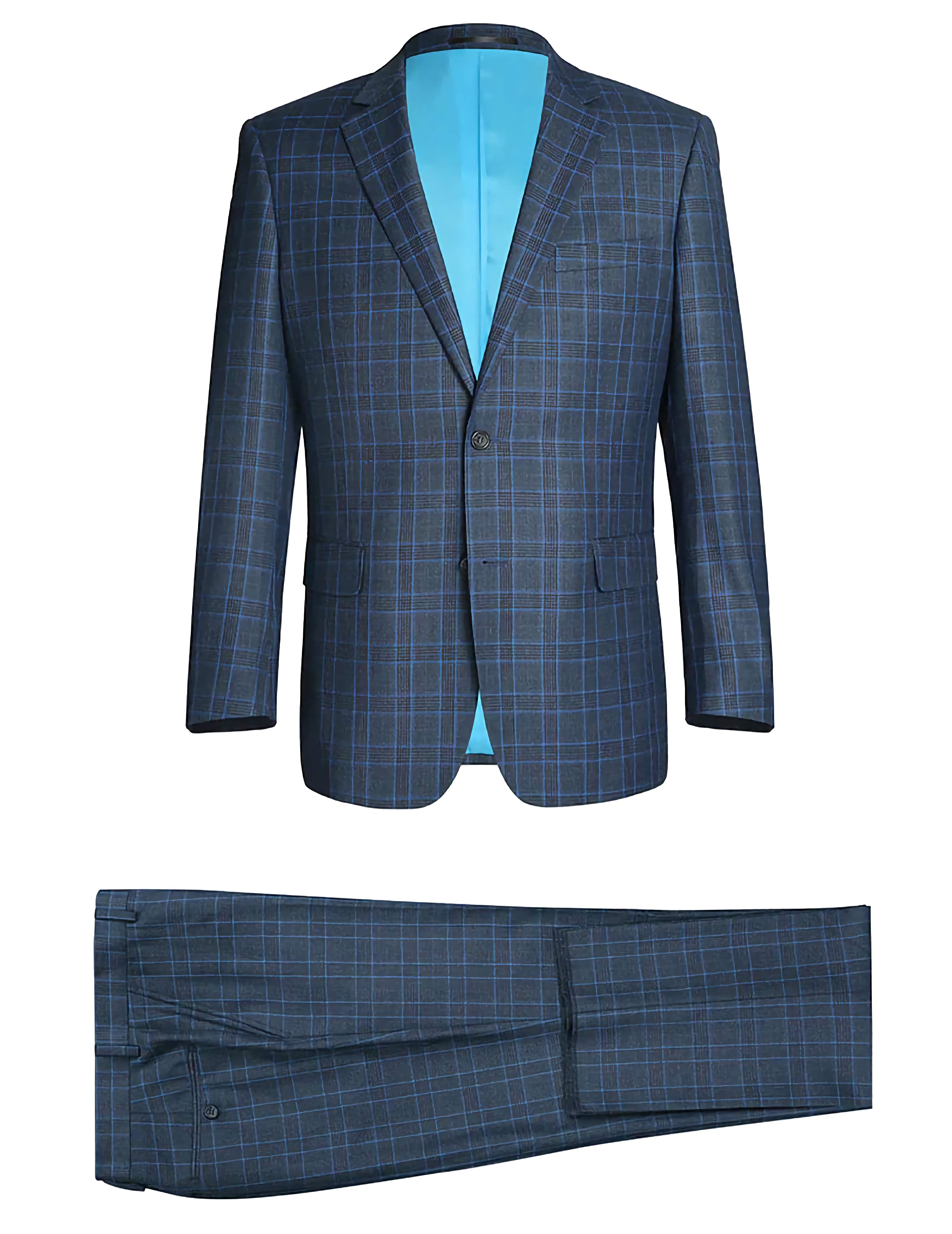 Regular Fit 2 Piece Dress Suit Windowpane in Blue - Suits99