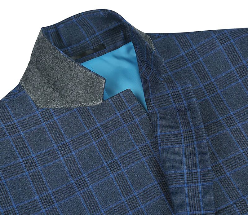 Regular Fit 2 Piece Dress Suit Windowpane in Blue - Suits99