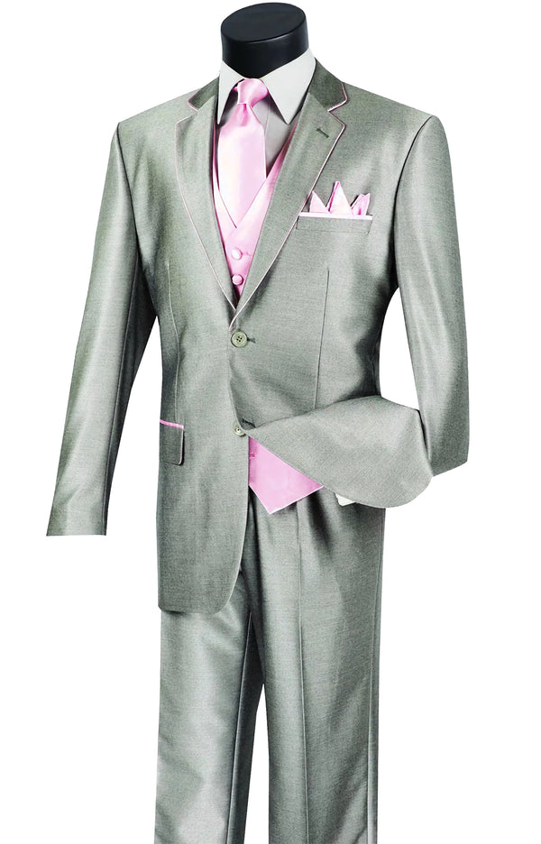 Regular Fit 5 Piece Shiny Sharkskin Suit in Gray with Tie and Handkerchief