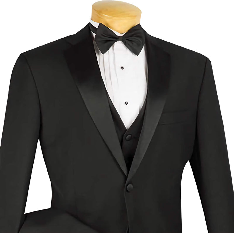 Regular Fit Black Tuxedo 4 Piece with Vest Bow Tie - Suits99