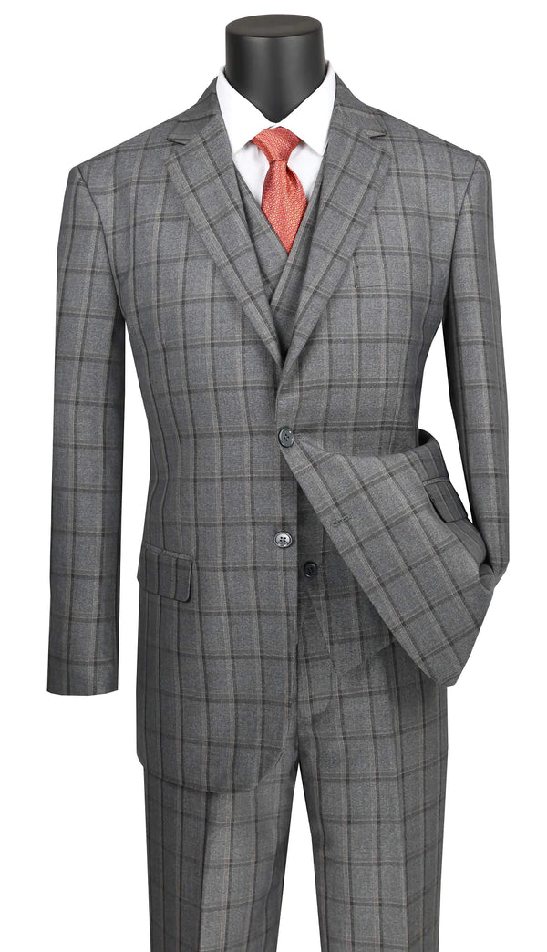 Regular Fit Windowpane Suit 3 Piece in Gray