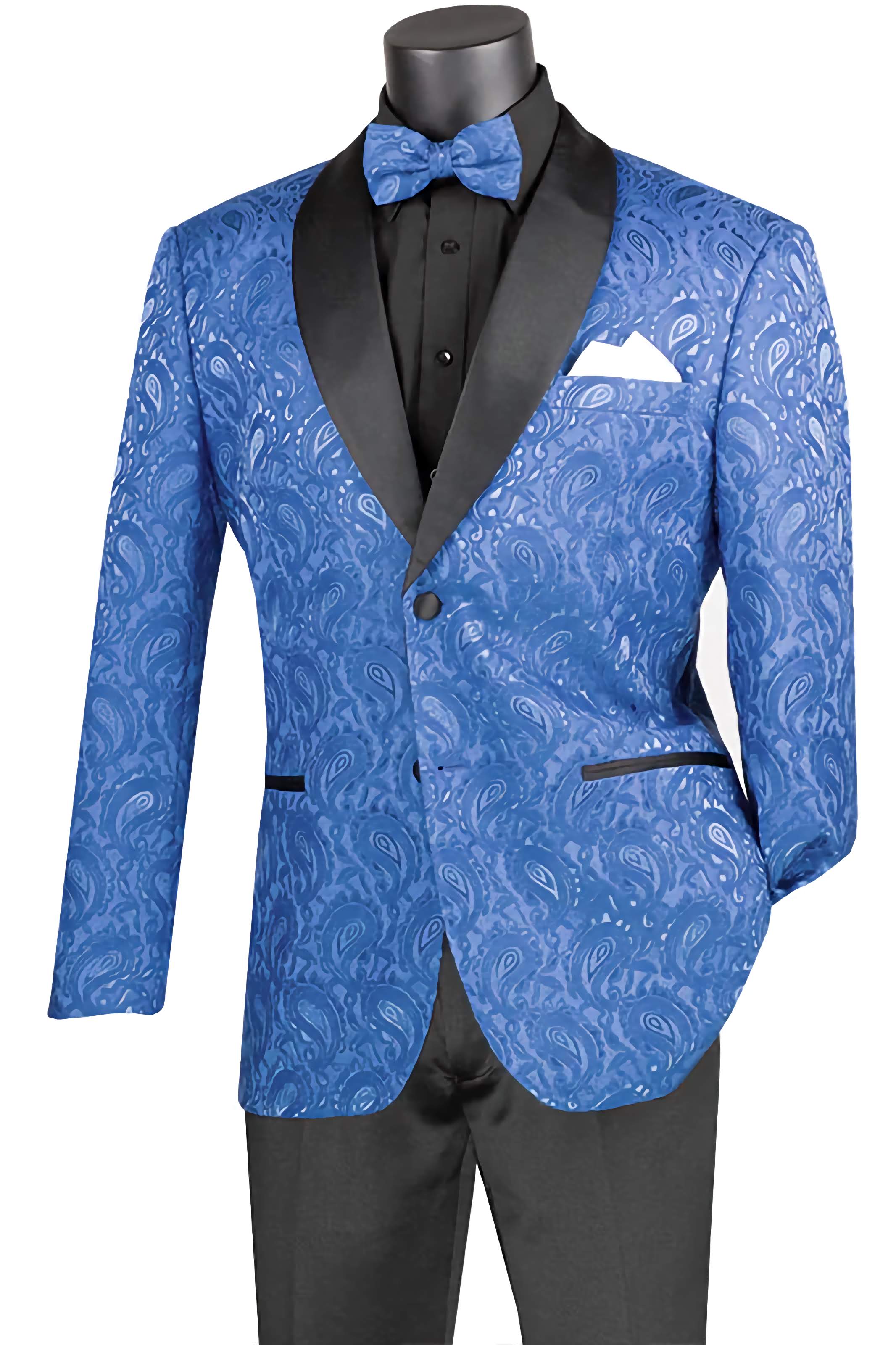 Royal Blue Modern Fit Paisley Pattern Jacquard Fabric Jacket with Bow