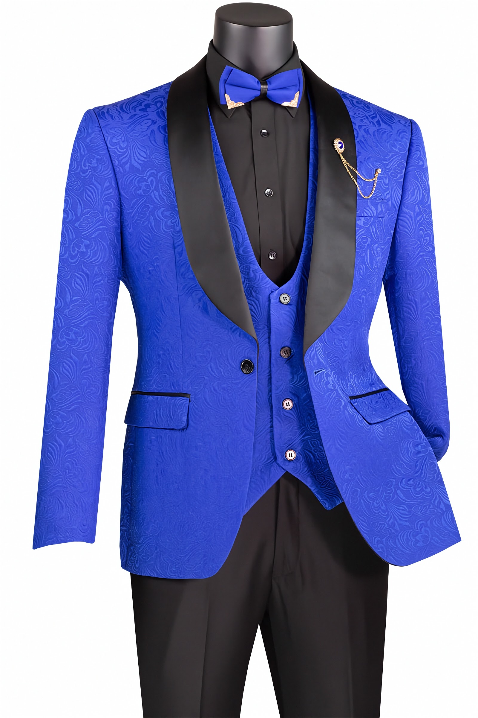 Royal Slim Fit 3 pcs Jacquard Fabric Single Button Vested Fashion Tuxedo Solid Black Pants

