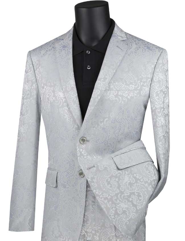 Slim Fit  Paisley Suit 2 Piece Silver