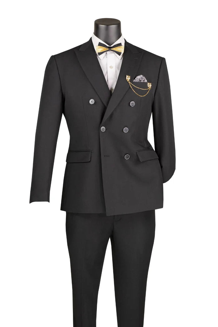 Double Breasted Slim Fit  Suit  in Black - Suits99