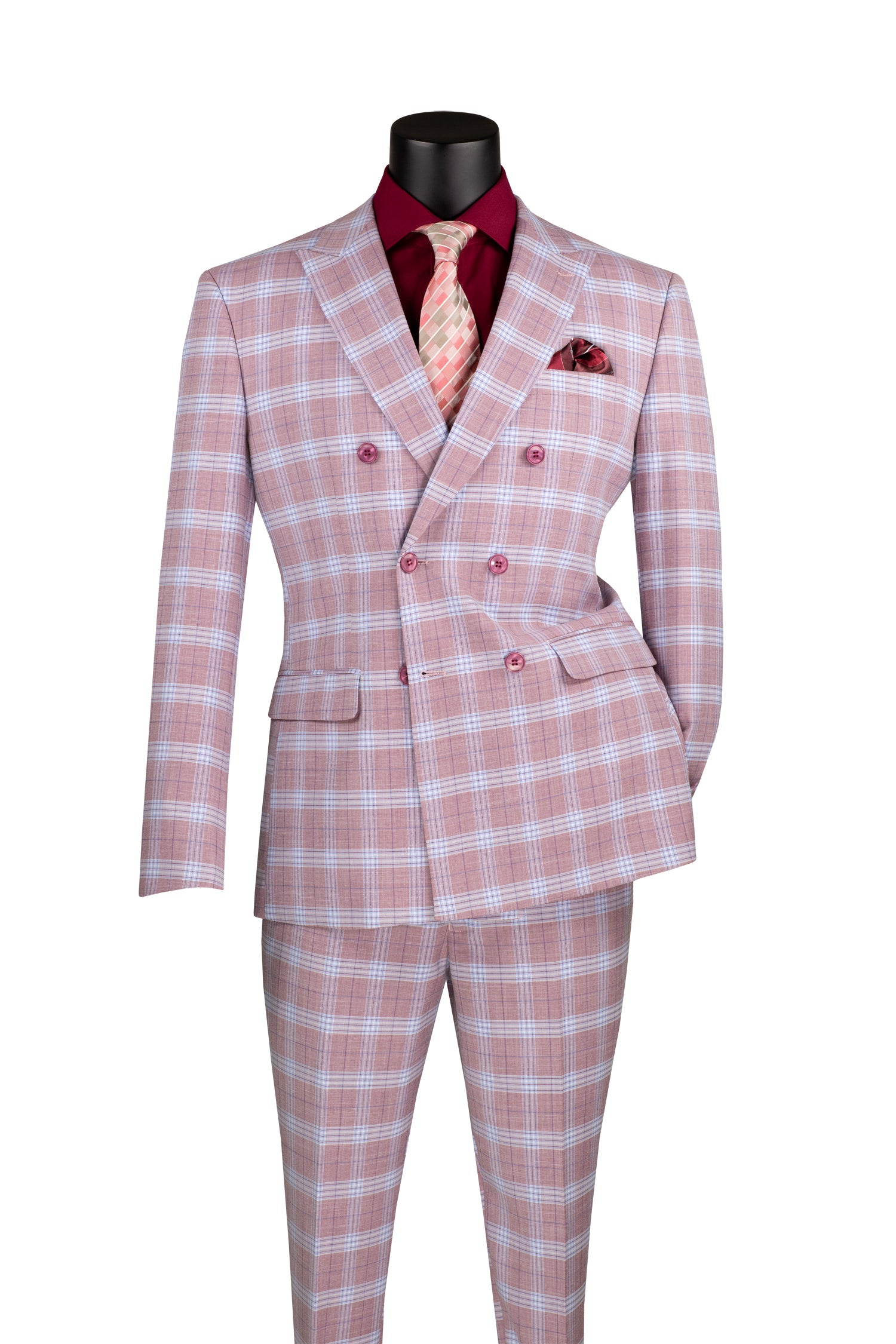 Double Breasted Slim Fit Window Pane Suit  in  Adobe Rose