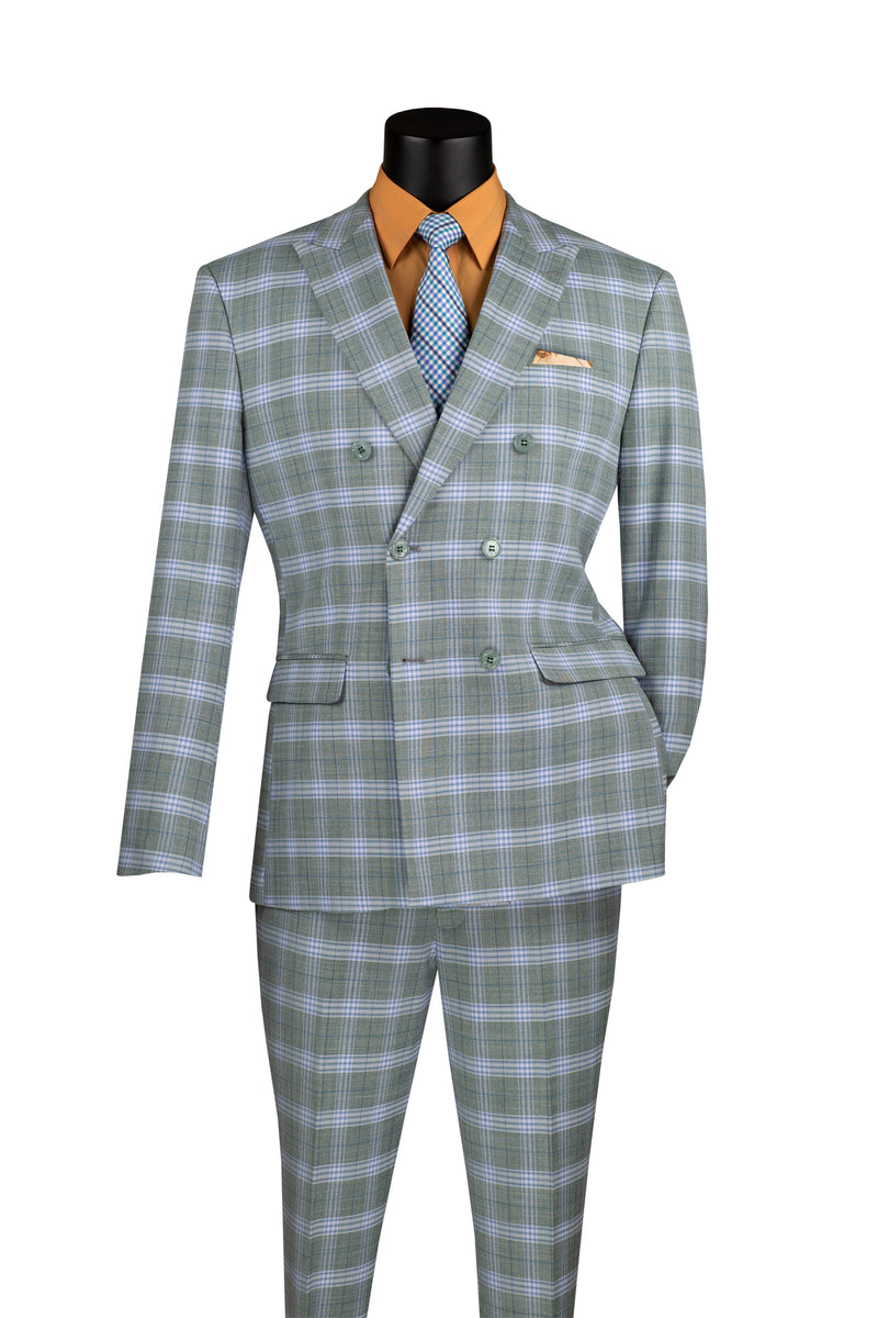 Double  Breasted Slim Fit Window Pane Suit  in  Sea Grass
