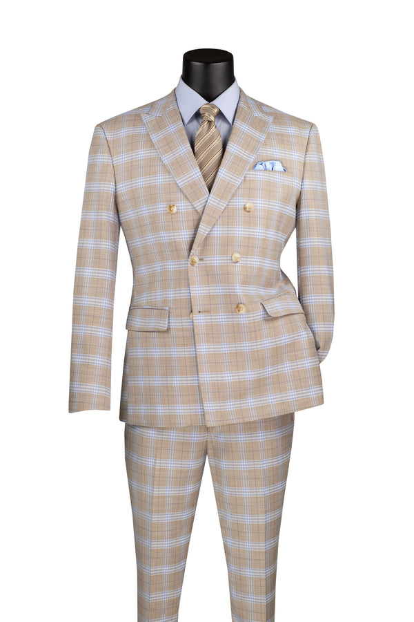 Double  Breasted Slim Fit Window Pane Suit  in Tan