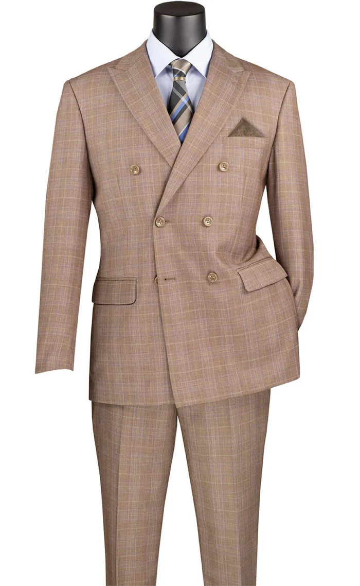 Tan Double Breasted 2 Piece Suit Regular Fit Glen Plaid