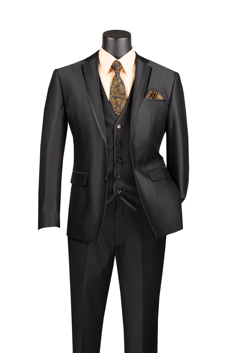 Satin Slim Fit Suit 3 Piece 2 Button in Black