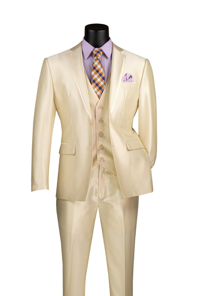 Satin Slim Fit Suit 3 Piece 2 Button in Champagne Beige