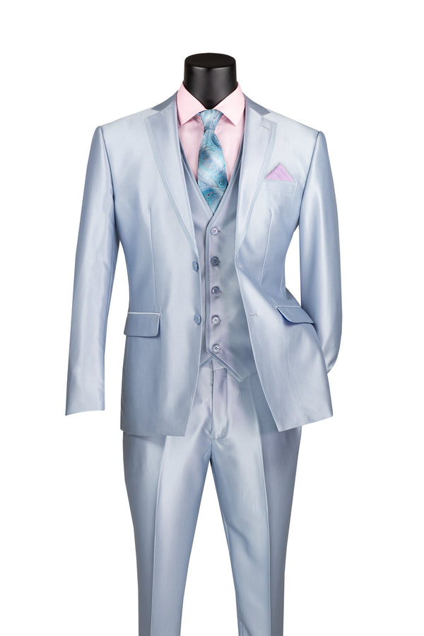 Satin Slim Fit Suit 3 Piece 2 Button in Light Blue