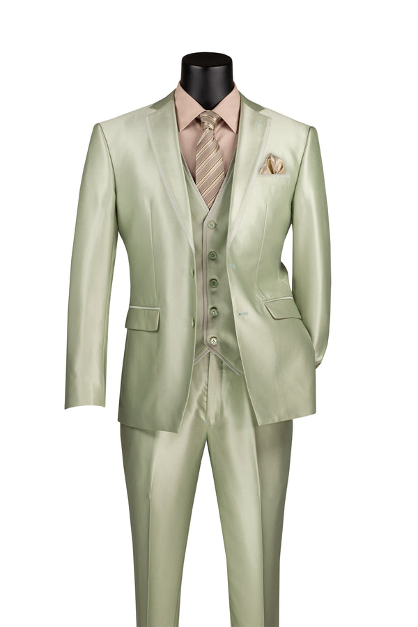Satin Slim Fit Suit 3 Piece 2 Button in Light Sage