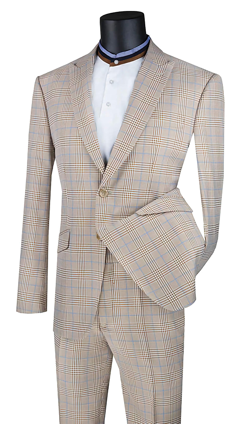 Slim Fit 2 Piece Suit Beige Glen Plaid Pattern Matching Pants