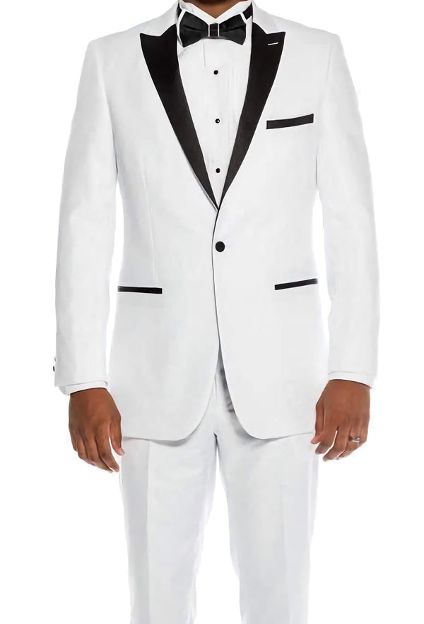Slim Fit 2 Piece White Tuxedo With Satin Peak Lapel