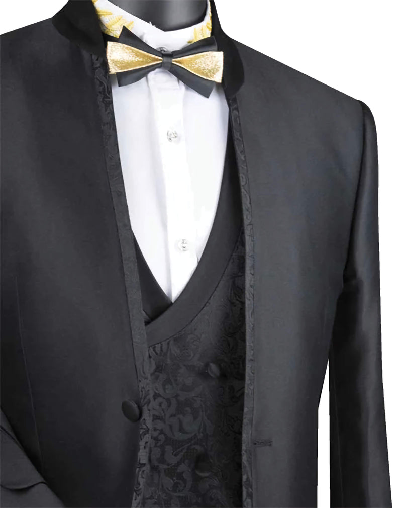 Slim Fit 3 Piece Banded Collar Shiny Sharkskin Suit in Black - Suits99