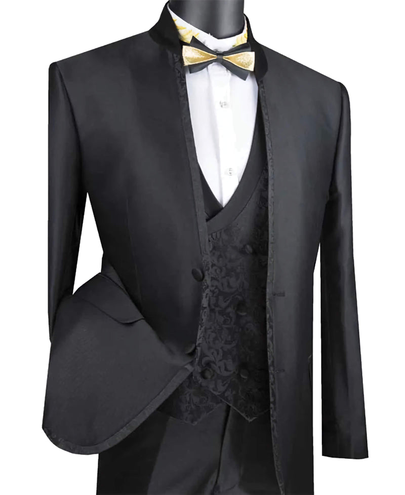 Slim Fit 3 Piece Banded Collar Shiny Sharkskin Suit in Black
