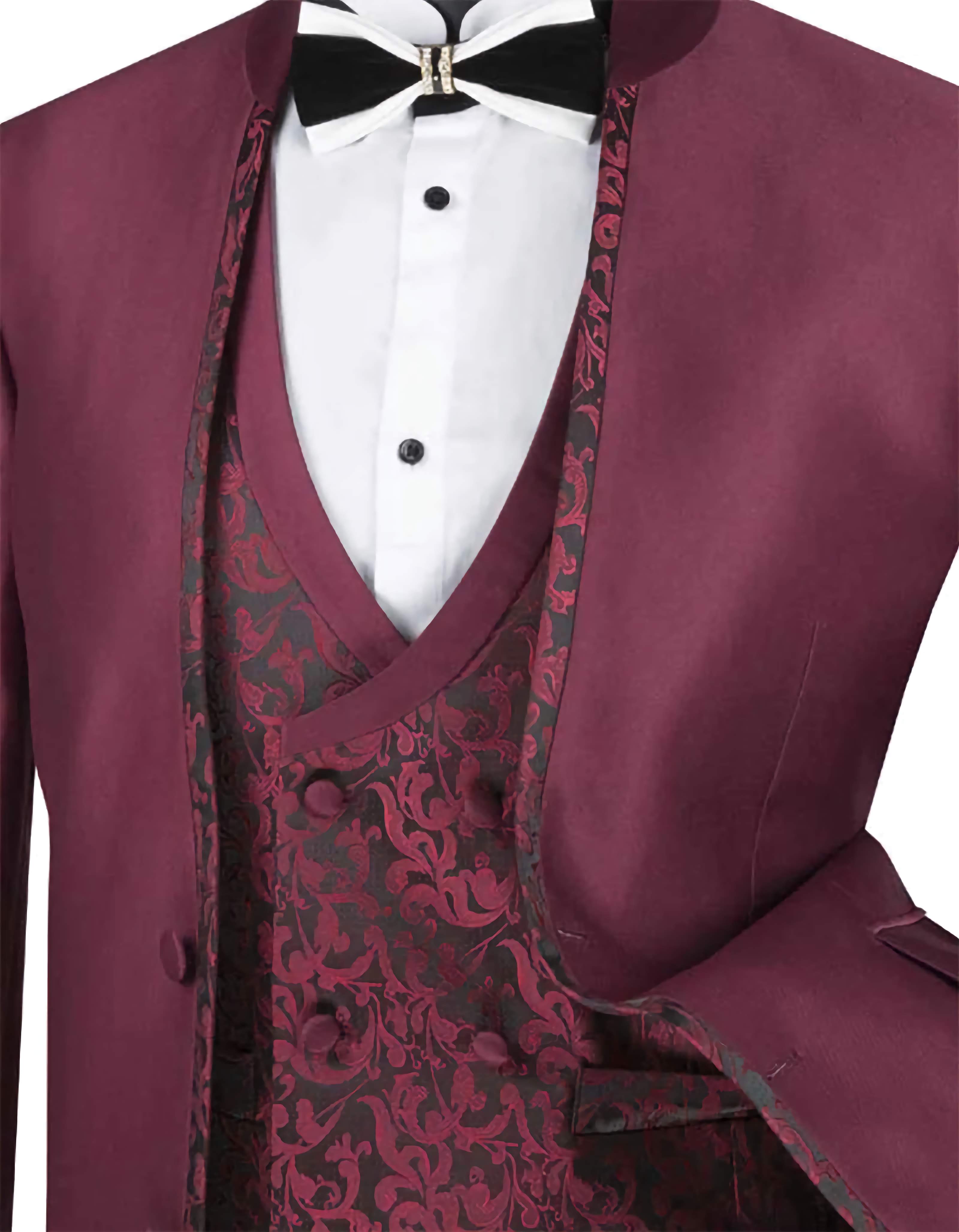 Slim Fit 3 Piece Banded Collar Shiny Sharkskin Suit in Burgundy - Suits99