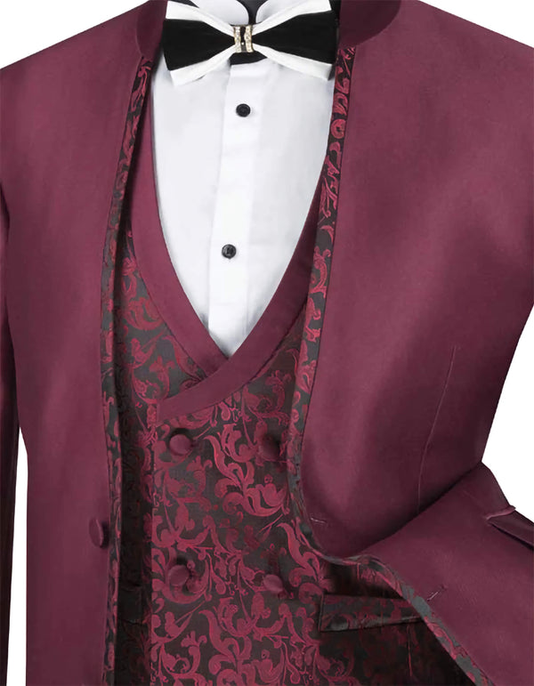 Slim Fit 3 Piece Banded Collar Shiny Sharkskin Suit in Burgundy - Suits99
