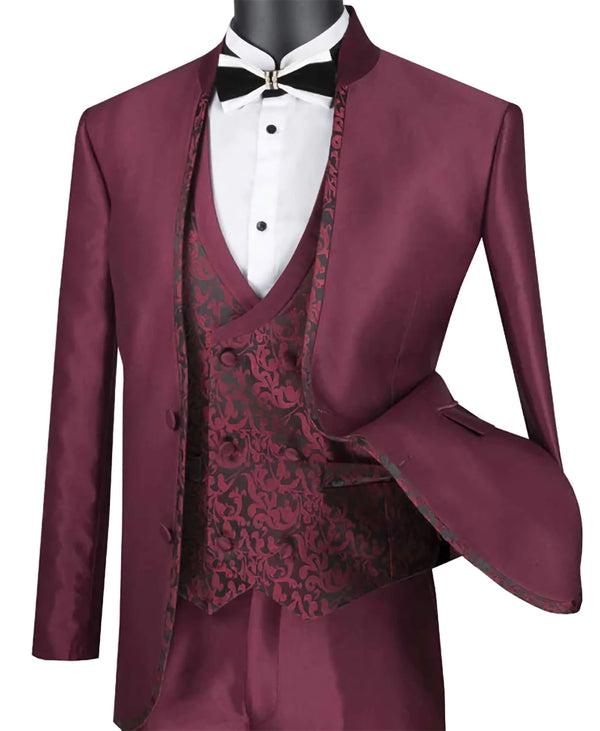 Slim Fit 3 Piece Banded Collar Shiny Sharkskin Suit in Burgundy - Suits99
