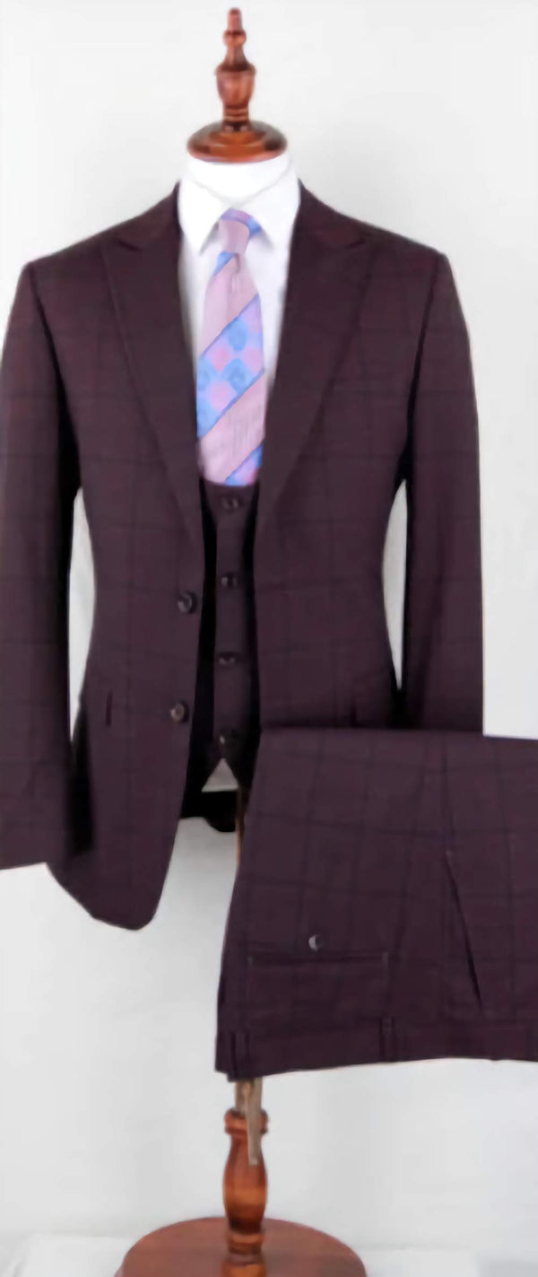 Slim Fit 3 Piece Suit Burgundy Plaid Pattern Matching Pants