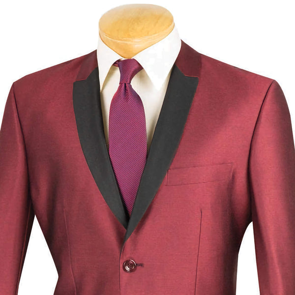 Slim Fit Shiny Sharkskin Men's 2 Piece Suit in Maroon - Suits99