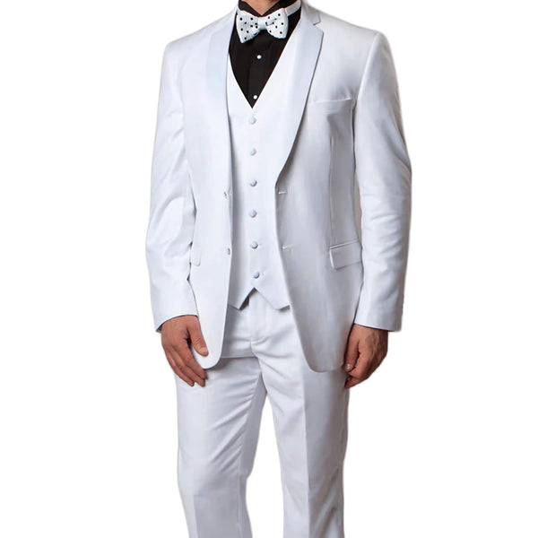 Solid White Modern Fit Tuxedo 3 Piece with 6 Button Vest