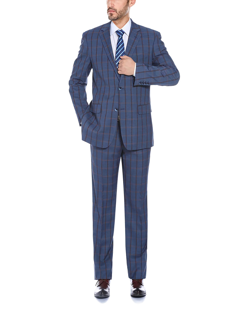 Stretch Suit 2 Piece Blue Glen Plaid Regular Fit - Suits99