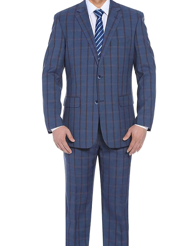 Stretch Suit 2 Piece Blue Glen Plaid Regular Fit - Suits99