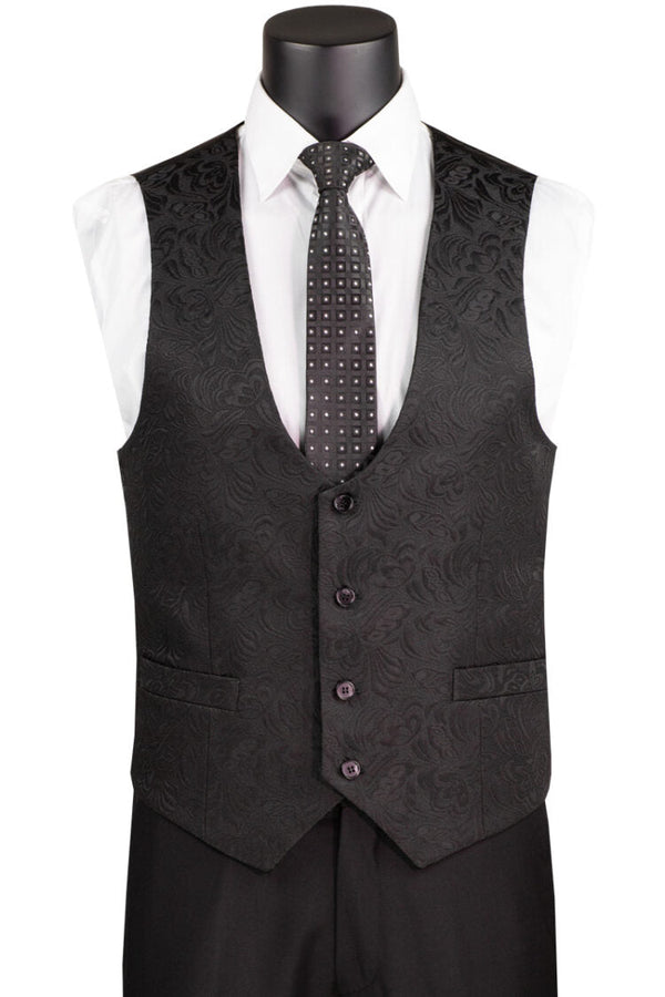 Black Slim Fit 3 pcs Jacquard Fabric Single Button Vested Fashion Tuxedo Solid Black Pants
