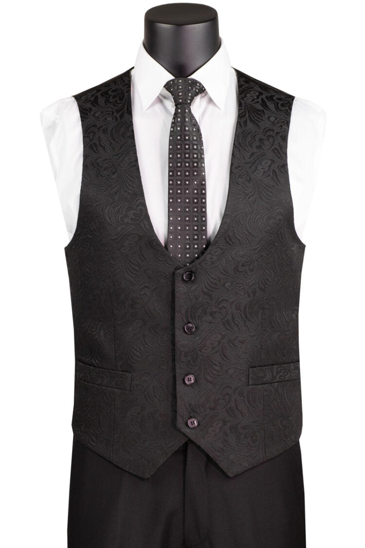 Black Slim Fit 3 pcs Jacquard Fabric Single Button Vested Fashion Tuxedo Solid Black Pants