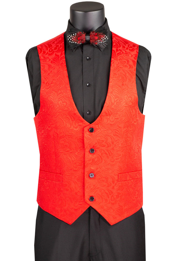 Red Slim Fit 3 pcs Jacquard Fabric Single Button Vested Fashion Tuxedo Solid Black Pants
