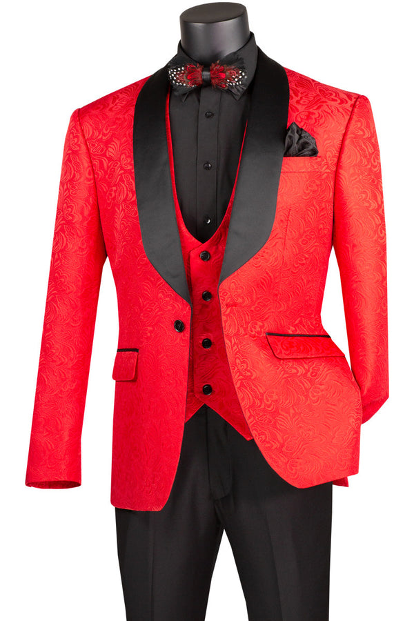 Red Slim Fit 3 pcs Jacquard Fabric Single Button Vested Fashion Tuxedo Solid Black Pants