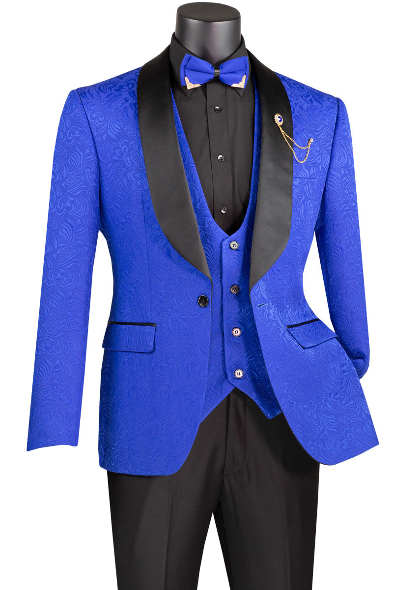 Royal Slim Fit 3 pcs Jacquard Fabric Single Button Vested Fashion Tuxedo Solid Black Pants - Suits99