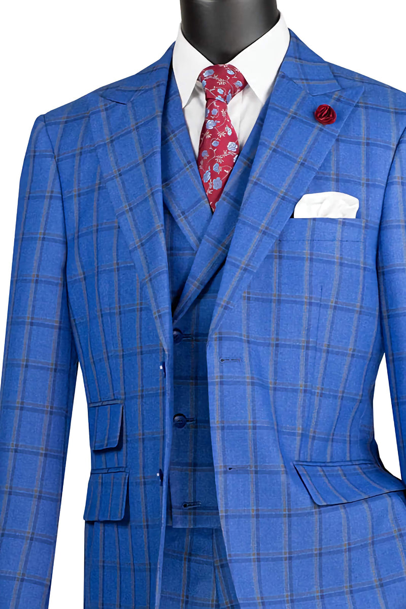 Tessori Collection - Modern Fit Windowpane Suit 3 Piece in Royal Blue - Suits99