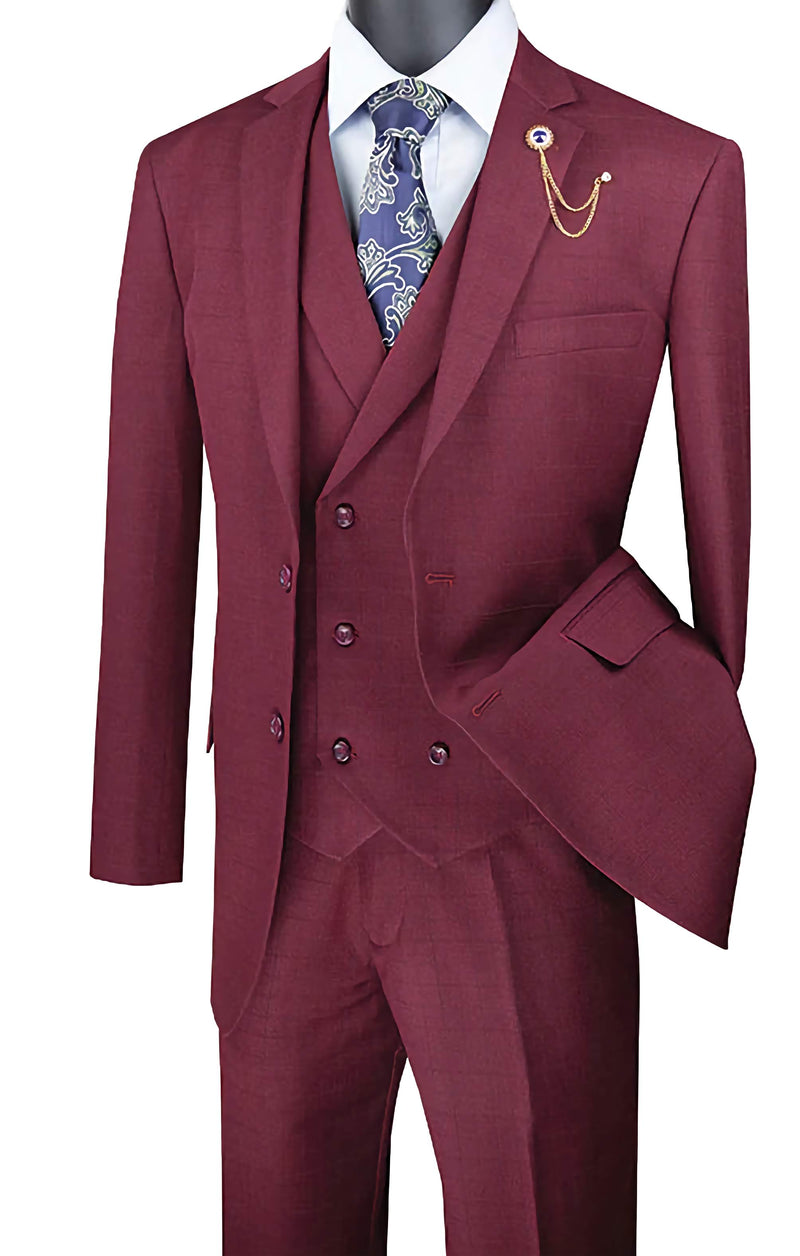 Victoria Collection - Burgundy Regular Fit Glen Plaid 2 Button 3 Piece Suit