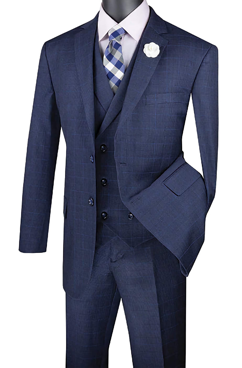 Victoria Collection - Navy Regular Fit Glen Plaid 2 Button 3 Piece Suit - Suits99