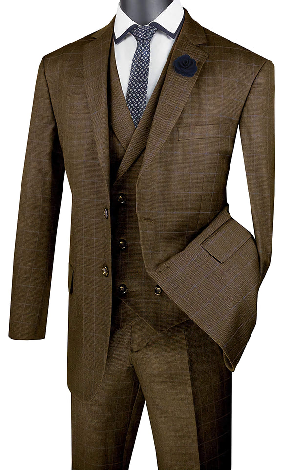 Victoria Collection - Taupe Regular Fit Glen Plaid 2 Button 3 Piece Suit