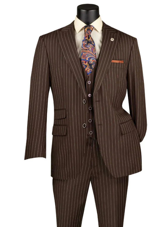 Brown Regular Fit 3 Piece Suit 2 Button Gangster Stripe - Suits99